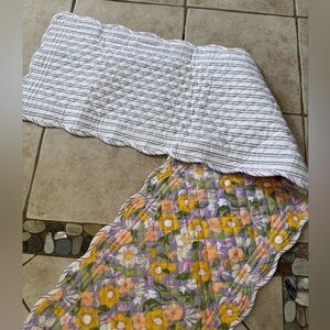 Spring Quilted Table Runner 14x70 Reversible Floral Striped Scalloped Edge